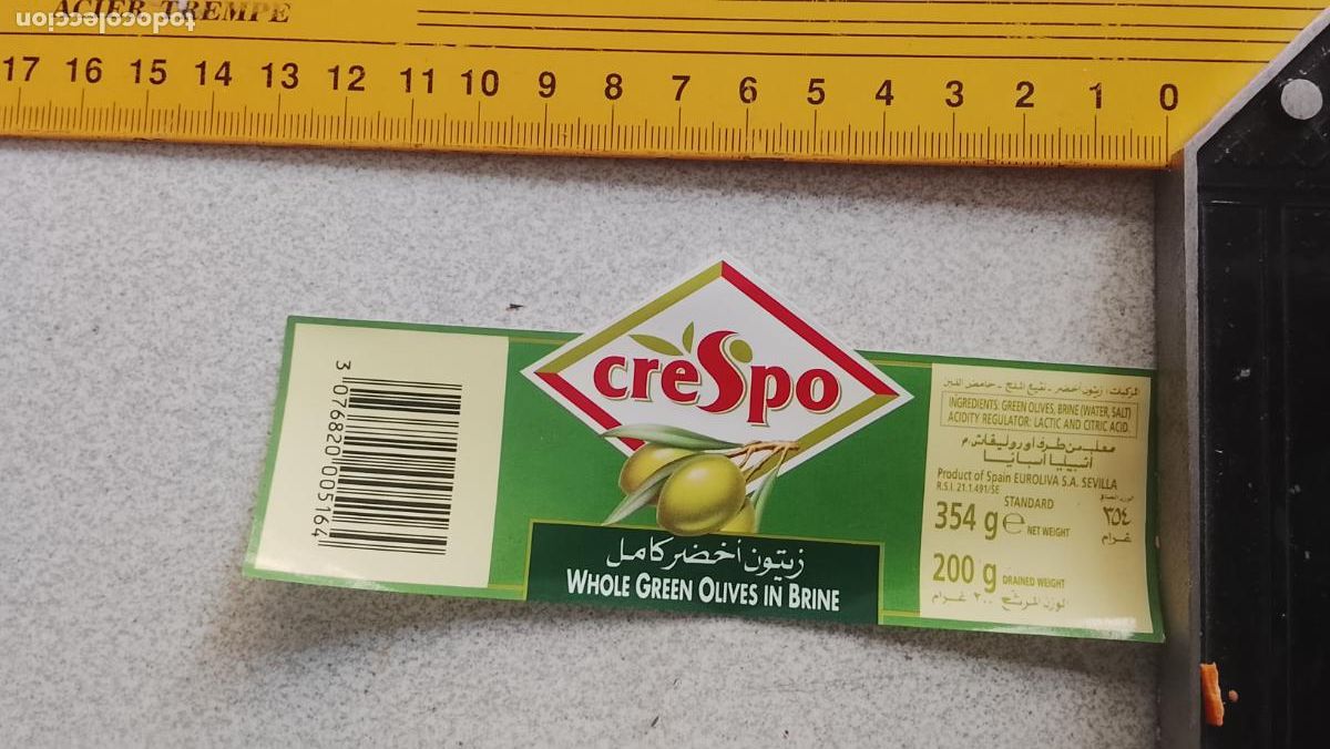 Etiquetas antiguas: ETIQUETA ACEITUNAS O ACEITE - CRESPO WHOLE GREEN OLIVES IN BRINE
