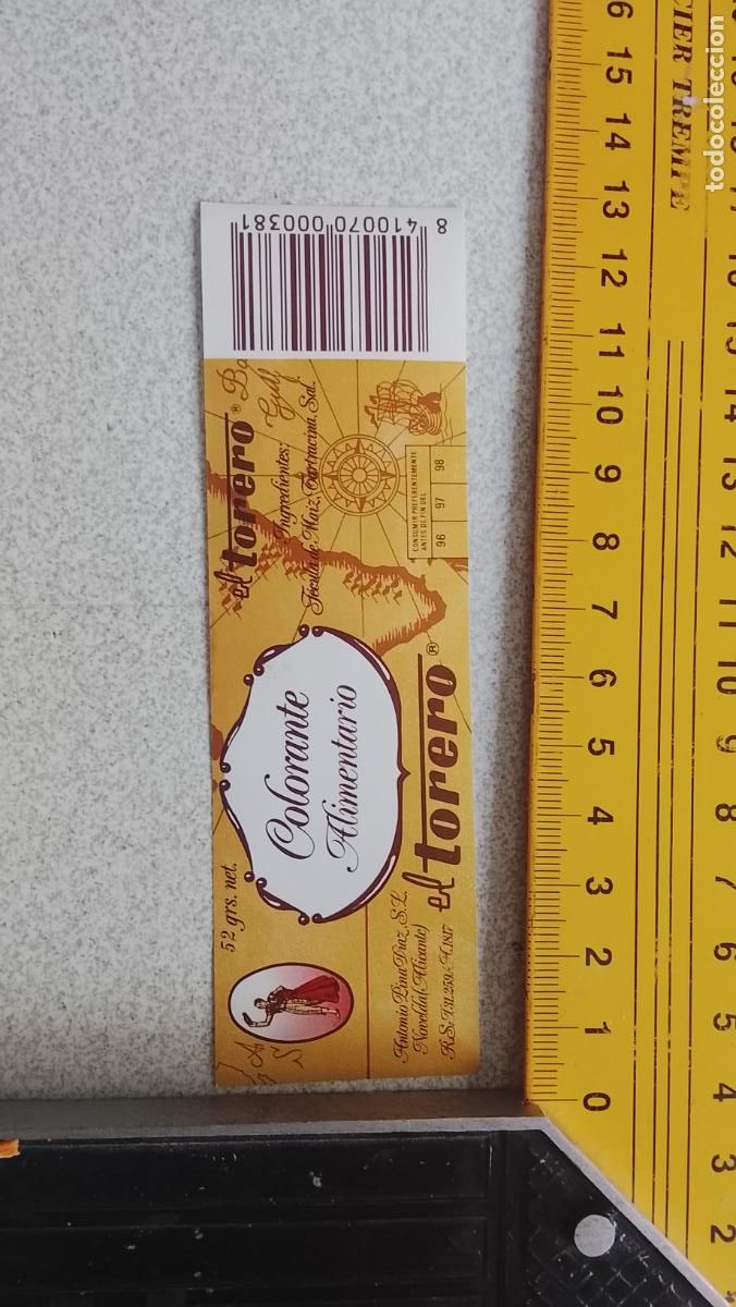 Etiquetas antiguas: ETIQUETA COLORANTE ALIMENTICIO EL TORERO ALICANTE