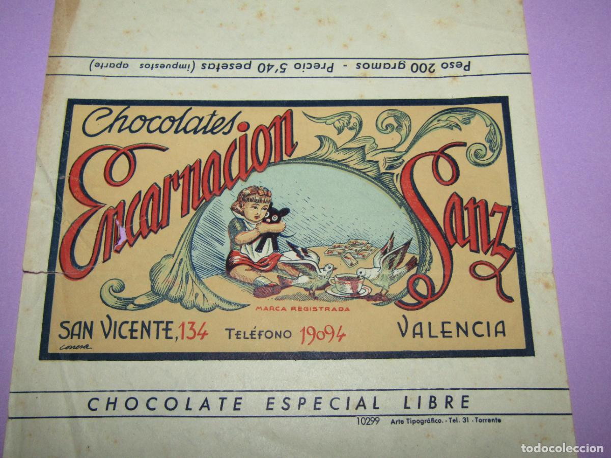 Etiquetas antiguas: Antiguo Envoltorio Litografiado de Chocolate Especial Libre ENCARNACI&Oacute;N SANZ de Valencia de A&ntilde;o 1950
