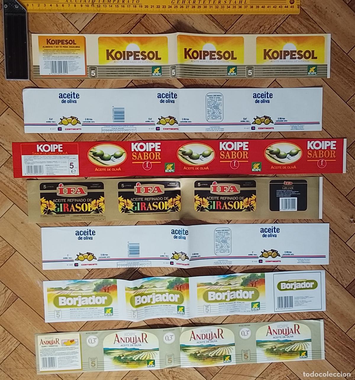 Etiquetas antiguas: ANTIGUAS ETIQUETAS ACEITE GRANDE BOTELLA GARRAFA 5 l. koipe continente koipesol ifa borjador andujar