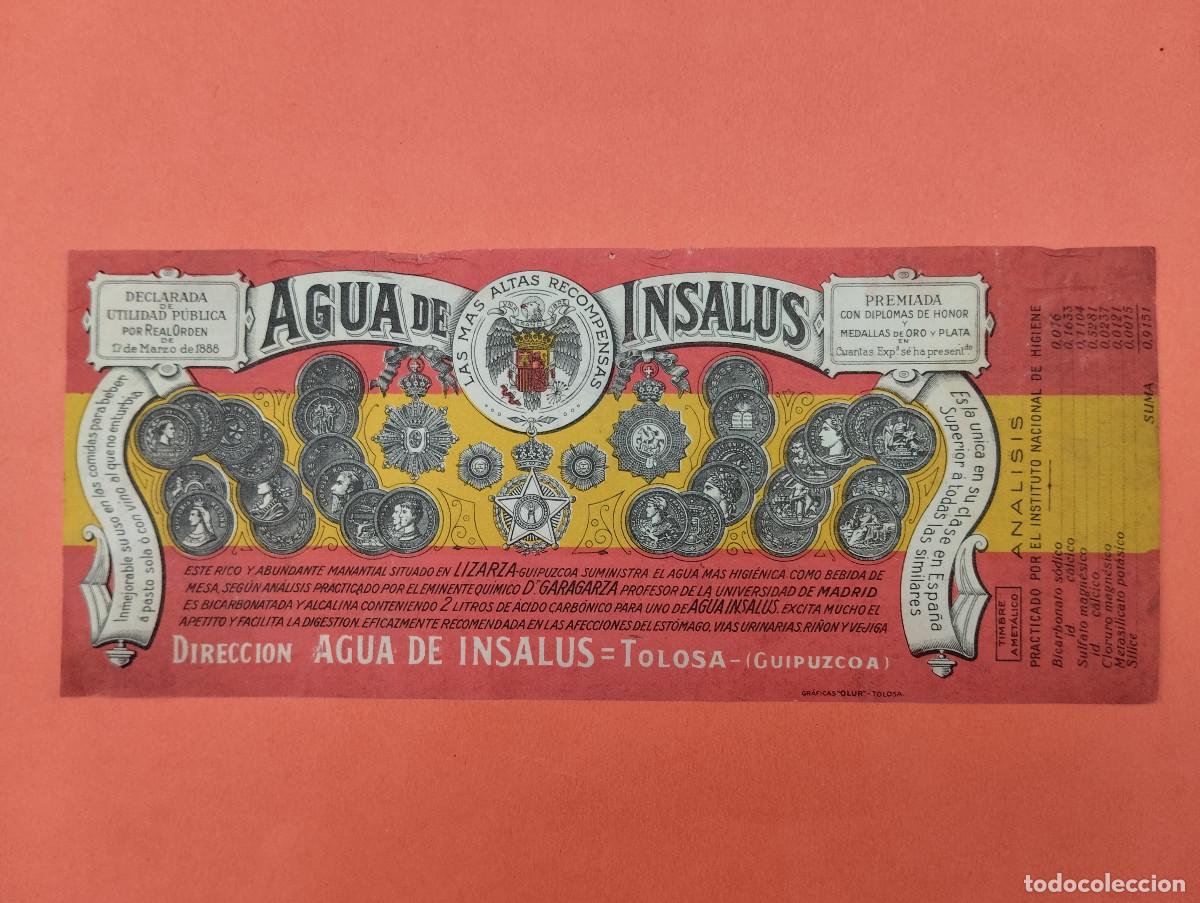Etiquetas antiguas: ETIQUETA AGUA DE INSALUS. TOLOSA. GUIPUZCOA
