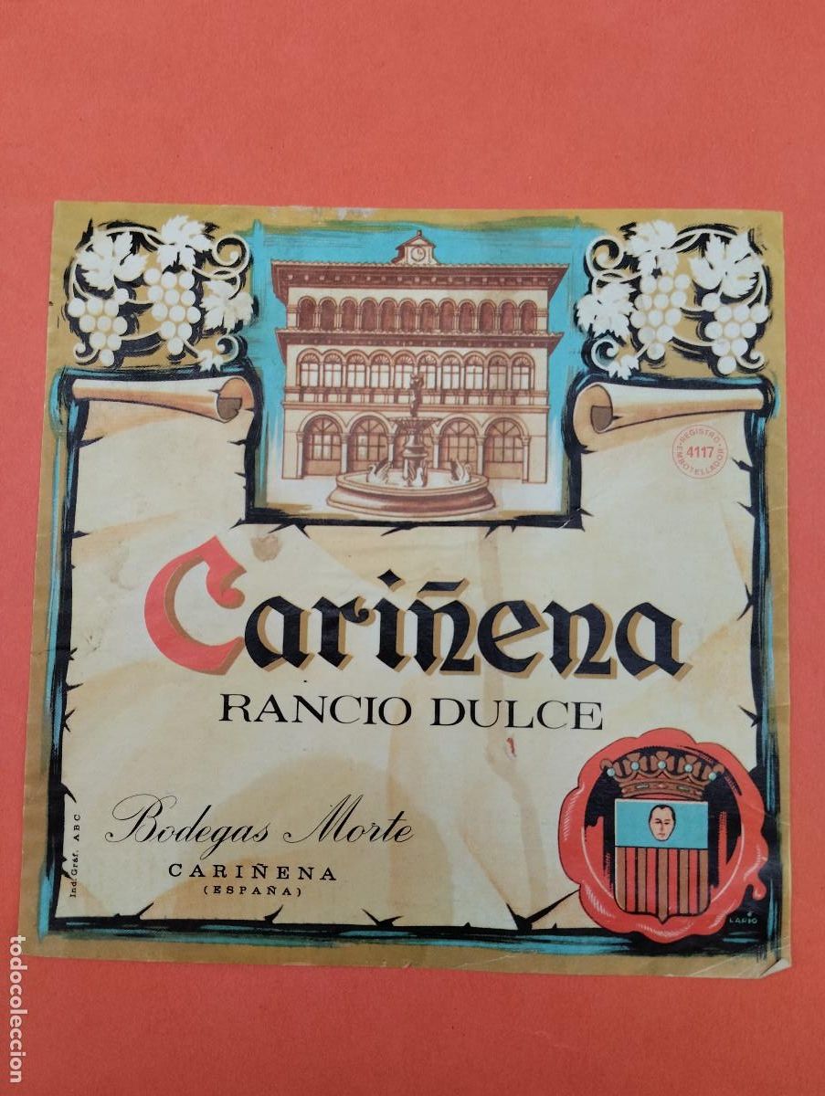 Etiquetas antiguas: ETIQUETA VINO RANCIO DULCE CARI&Ntilde;ENA ZARAGOZA