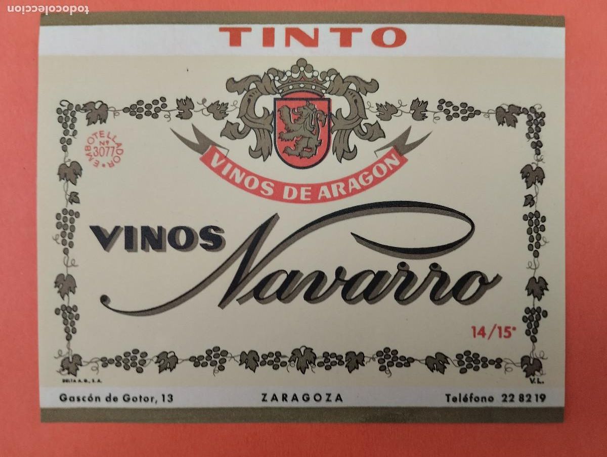 Etiquetas antiguas: ETIQUETA VINOS NAVARRO TINTO ZARAGOZA