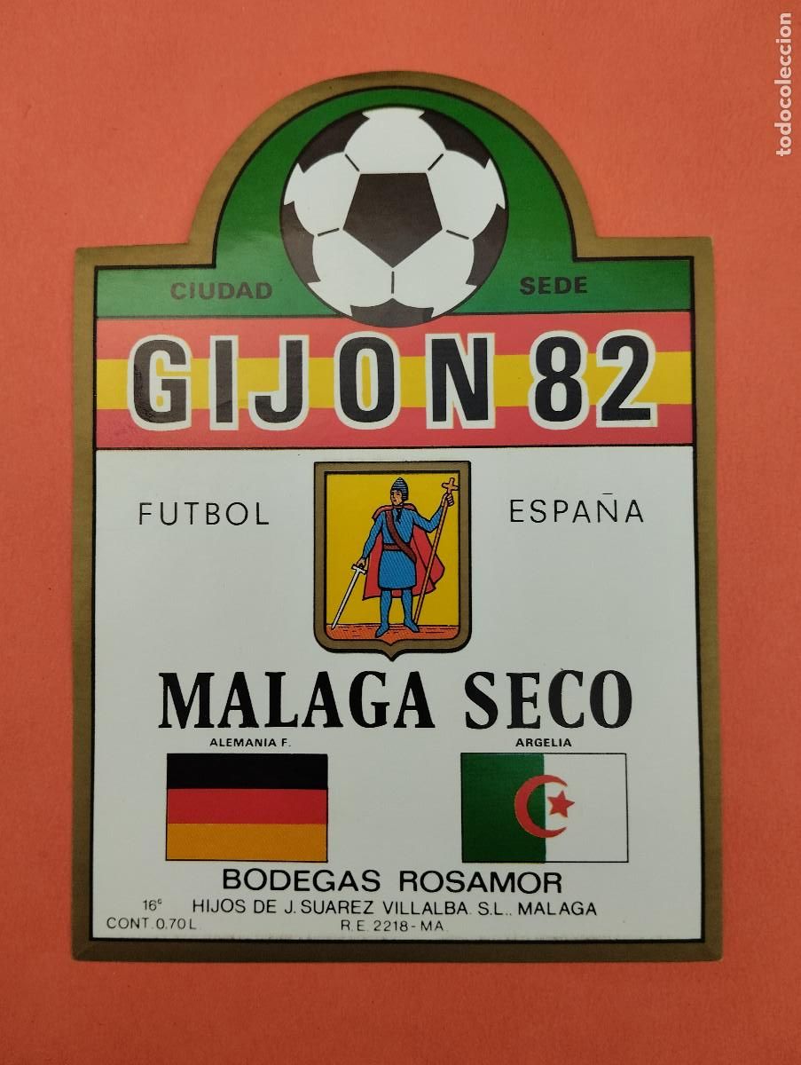 Etiquetas antiguas: ETIQUETA VINO MALAGA SECO MUNDIAL FUTBOL 82 GIJON CIUDAD SEDE.