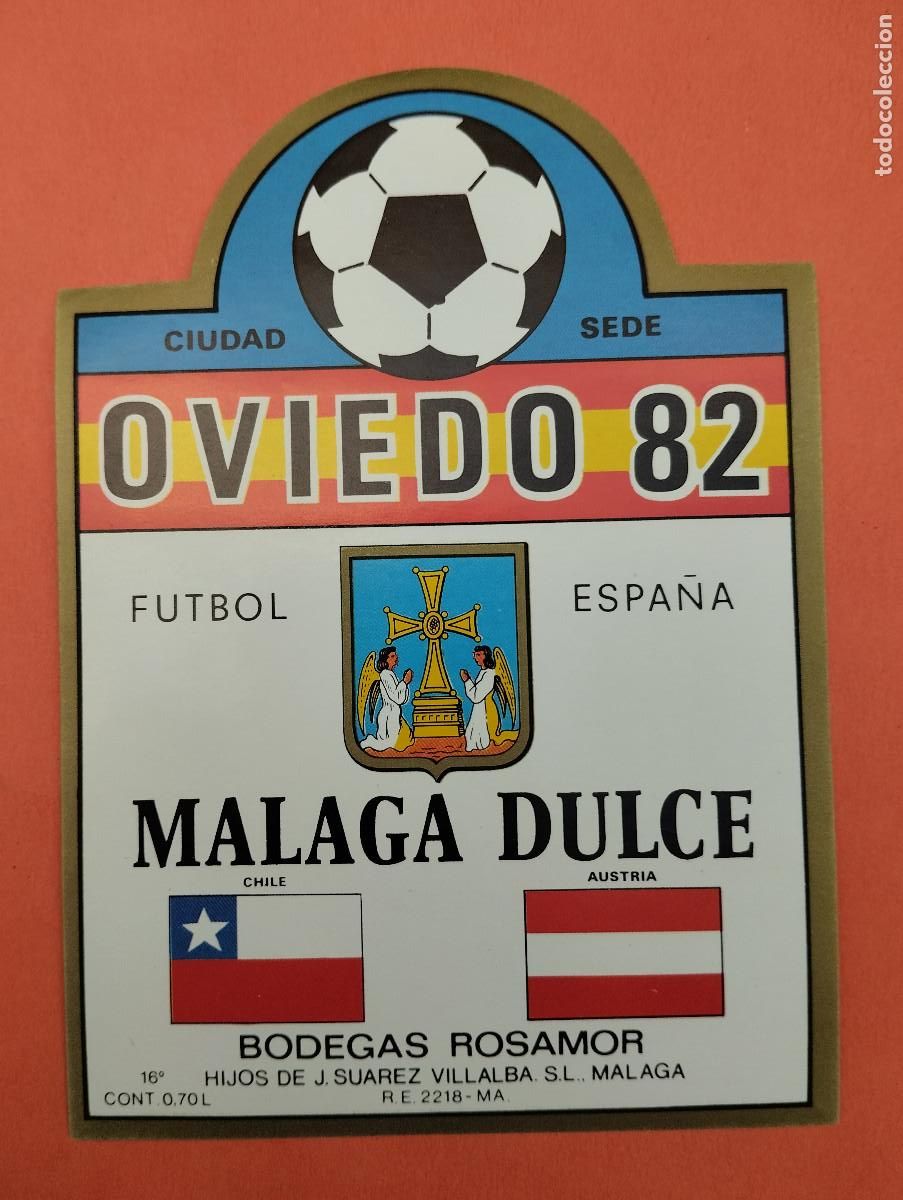 Etiquetas antiguas: ETIQUETA VINO MALAGA DULCE MUNDIAL FUTBOL 82 OVIEDO CIUDAD SEDE.