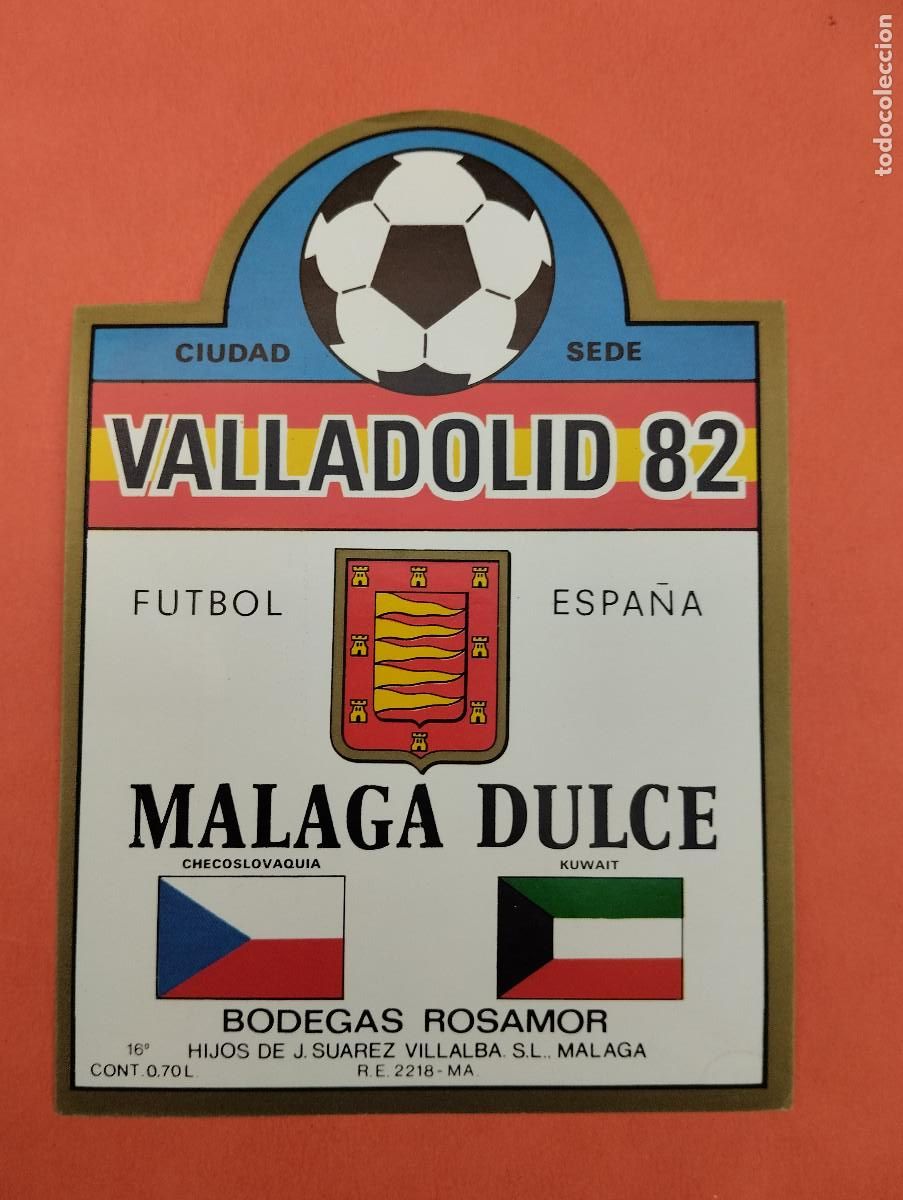 Etiquetas antiguas: ETIQUETA VINO MALAGA DULCE MUNDIAL FUTBOL 82 VALLADOLID CIUDAD SEDE.