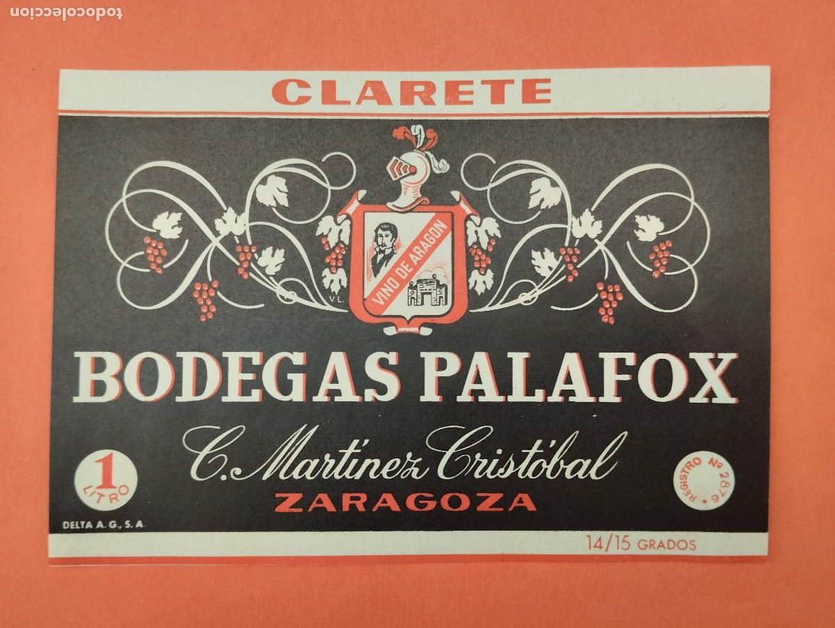 Etiquetas antiguas: ETIQUETA CLARETE VINO BODEGAS PALAFOX ZARAGOZA