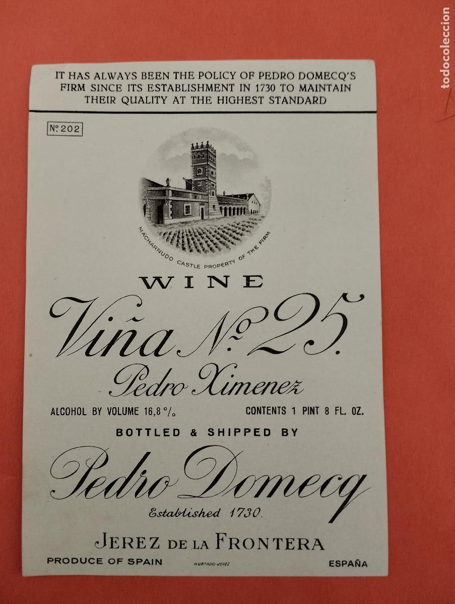 Etiquetas antiguas: ETIQUETA WINE PEDRO XIMENEZ PEDRO DOMECQ JEREZ DE LA FRONTERA