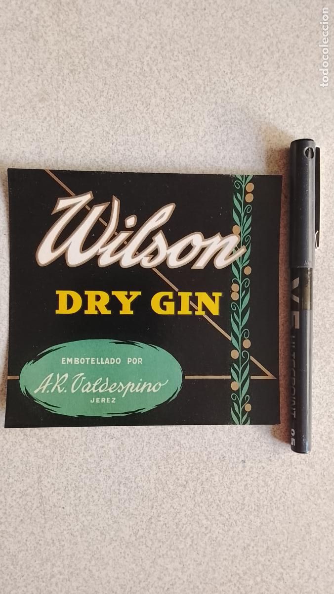 Etiquetas antiguas: HAGA SU OFERTA - ETIQUETA .- WILSON DRY GIN VALDESPINO JEREZ