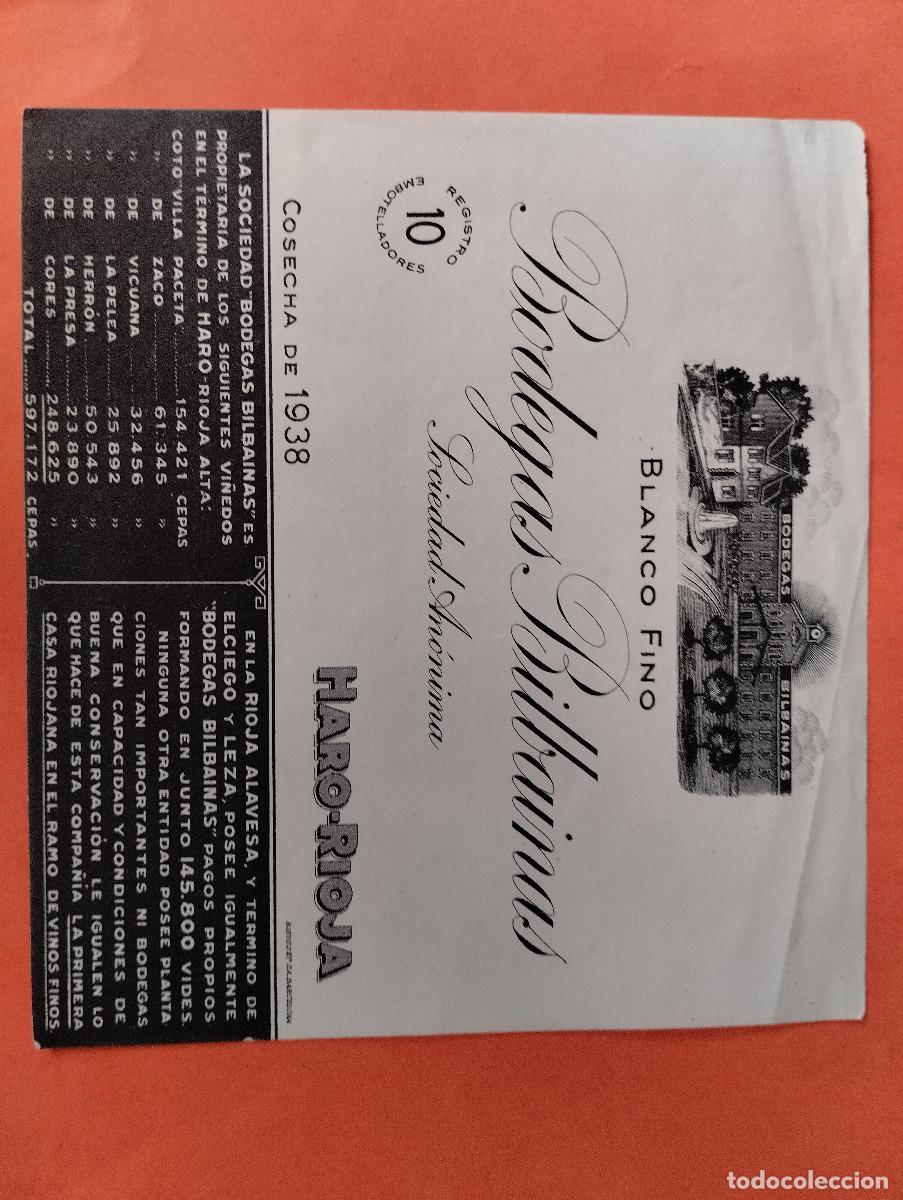 Etiquetas antiguas: ETIQUETA BLANCO FINO BODEGAS BILBAINAS - HARO RIOJA.