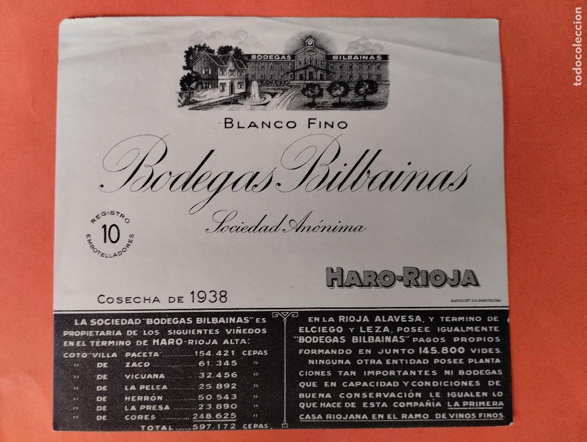 Etiquetas antiguas: ETIQUETA BLANCO FINO BODEGAS BILBAINAS - HARO RIOJA.