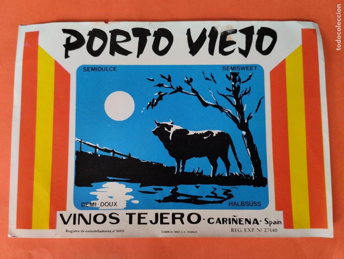 Etiquetas antiguas: ETIQUETA PORTO VIEJO SEMIDULCE SEMISWEET VINOS TEJERO CARI&Ntilde;ENA ZARAGOZA