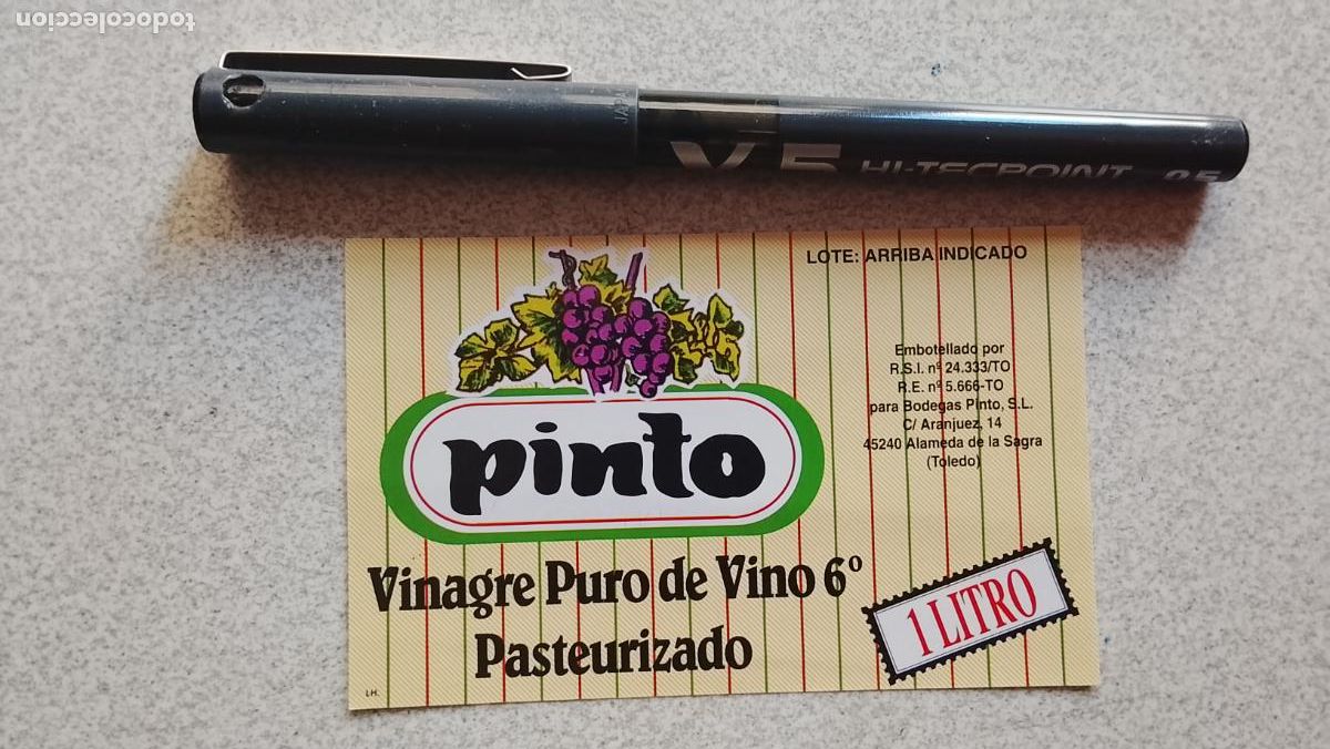 Etiquetas antiguas: Haga su oferta etiqueta - VINAGRE PURO DE VINO PAUSTERIZADO PINTO TOLEDO