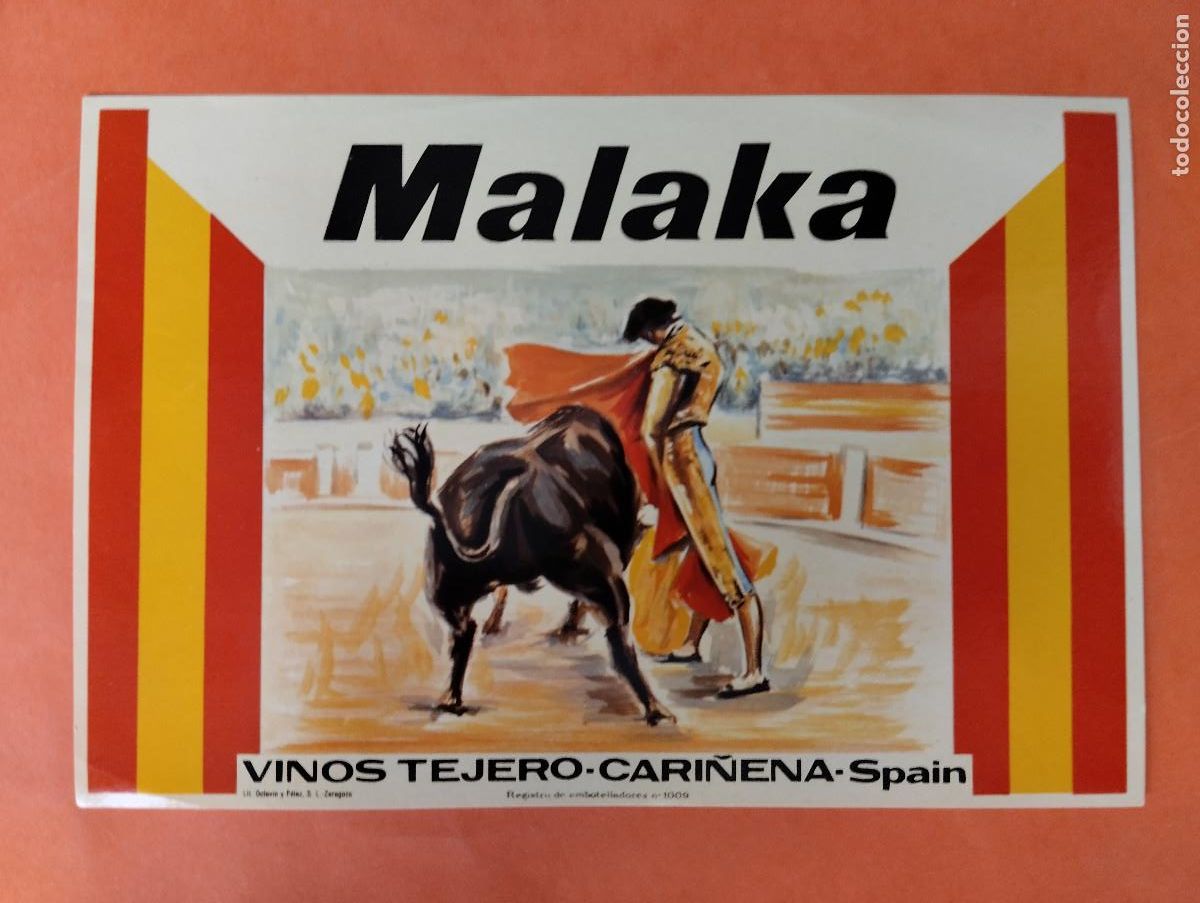 Etiquetas antiguas: ETIQUETA MALAKA VINOS TEJERO CARI&Ntilde;ENA ZARAGOZA TOROS