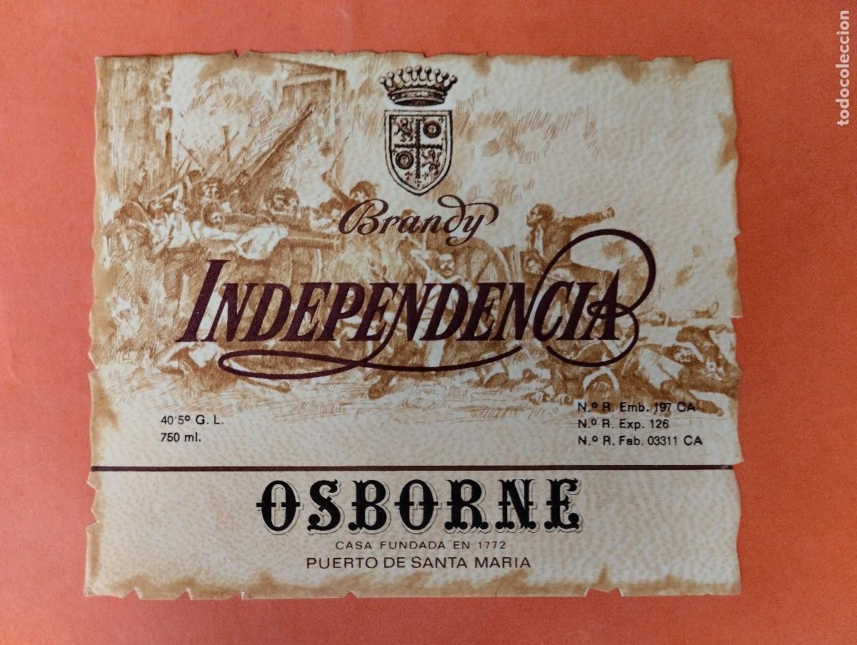 Etiquetas antiguas: ETIQUETA BRANDY JEREZ OSBORNE INDEPENDENCIA