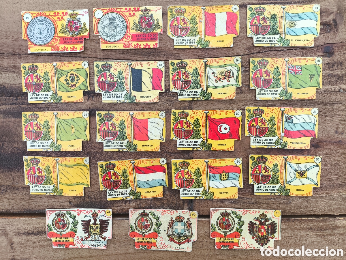 Etiquetas antiguas: Lote 19 antiguas portadas cajas de cerillas Banderas Escudos Monedas del Mundo Ley 30 Junio 1892