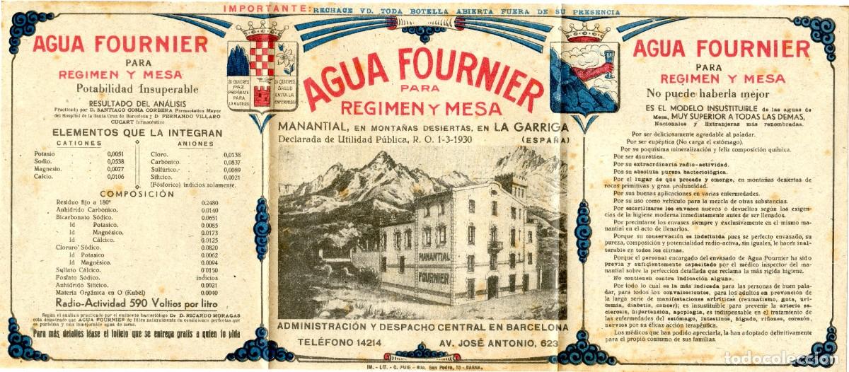 Etiquetas antiguas: Etiqueta antigua en triptico de Agua Fournier. Sin fecha, posiblemente a&ntilde;os 40