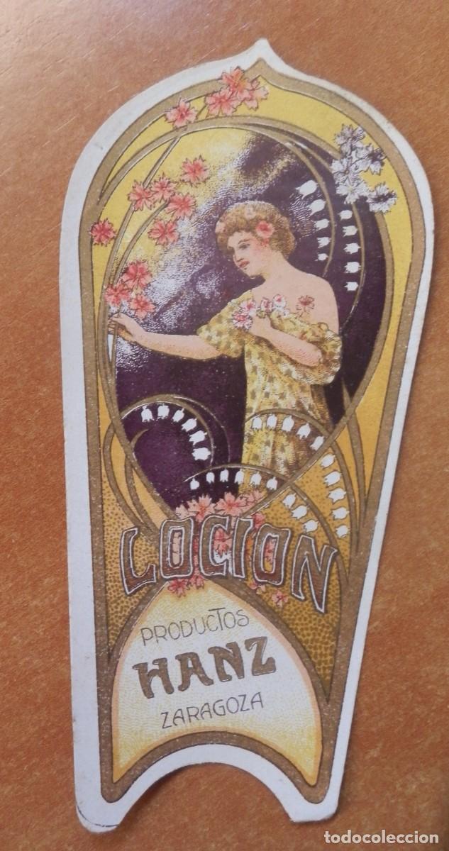 Etiquetas antiguas: Etiqueta vintage de loci&oacute;n de la marca Productos Hanz de Zaragoza. Dise&ntilde;o modernista.