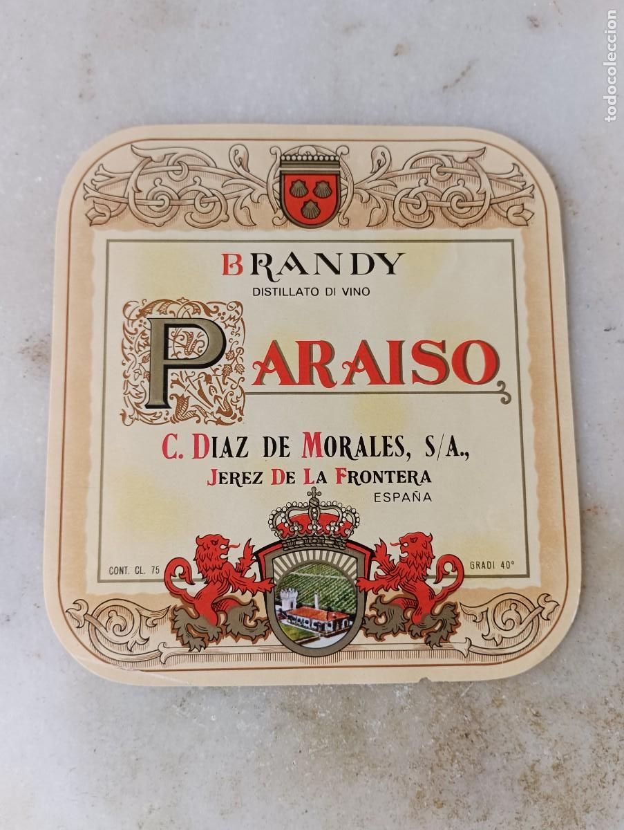 Etiquetas antiguas: Etiqueta brandy jerez para&iacute;so c diaz de Morales