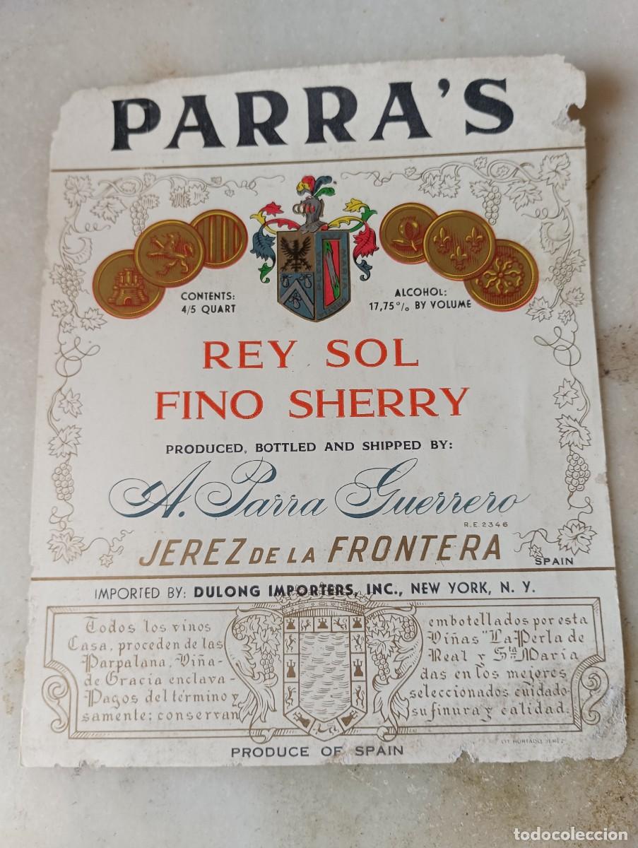 Etiquetas antiguas: Etiqueta vino jerez parra guerrero rey sol fino