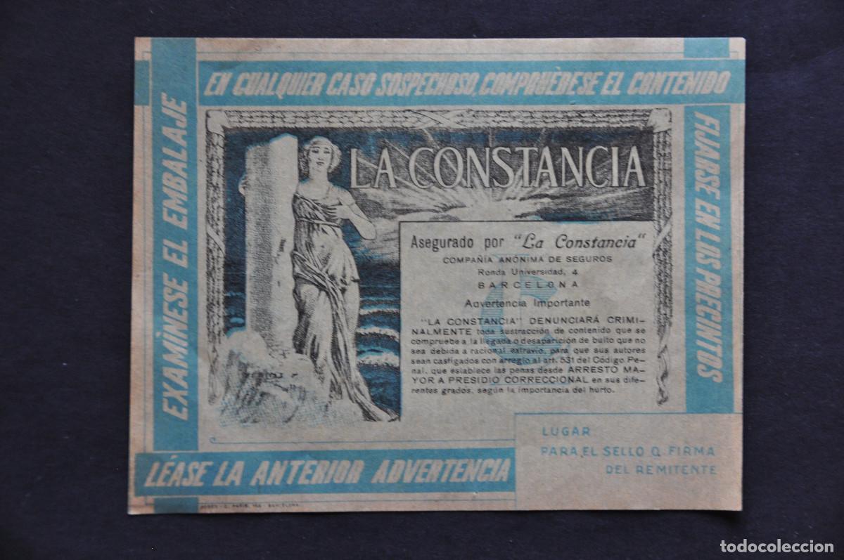 Etiquetas antiguas: ETIQUETA DE EMBALAJE - COMPA&Ntilde;&Iacute;A AN&Oacute;NIMA DE SEGUROS &rdquo;LA CONSTANCIA&rdquo; (BARCELONA)