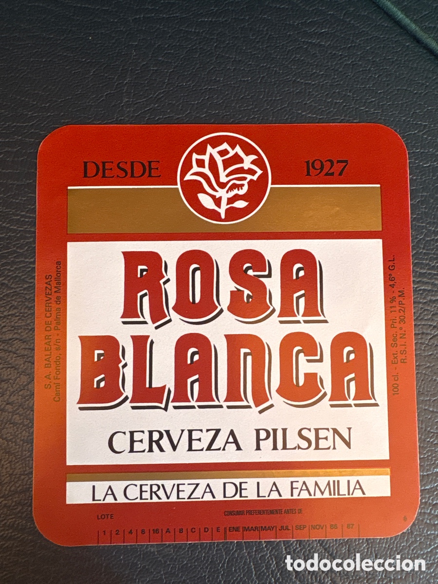 Etiquetas antiguas: ETQIUETA DE CERVEZA ROSA BLANCA 100 CL PALMA MALLORCA BALEAR