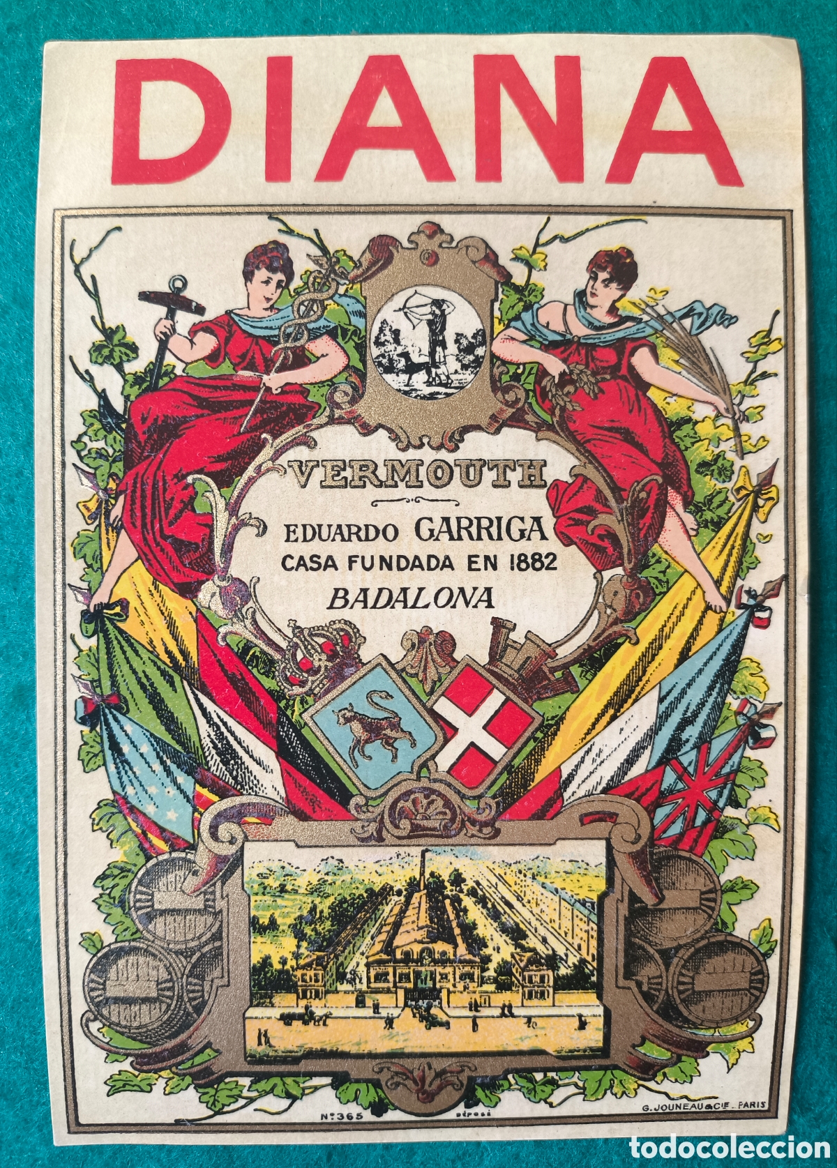 Etiquetas antiguas: ETIQUETA VERMOUTH VERMUT DIANA EDUARDO GARRIGA BADALONA C. 1920