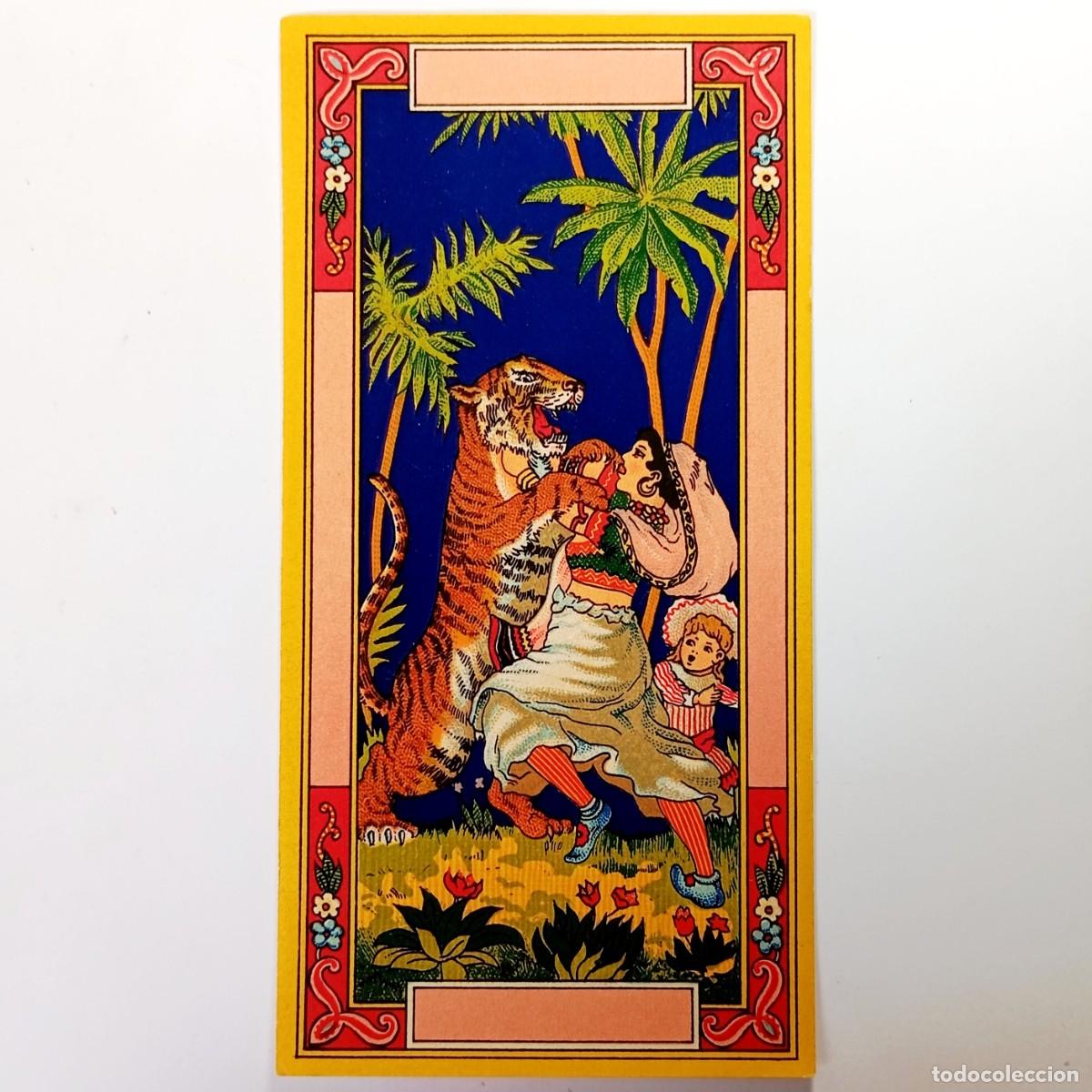 Etiquetas antiguas: ⚜️ &Ntilde;09X09. Etiqueta Antigua Ilustracion Tigre Selva Escena Exotica Cromolitografia Vintage Rareza