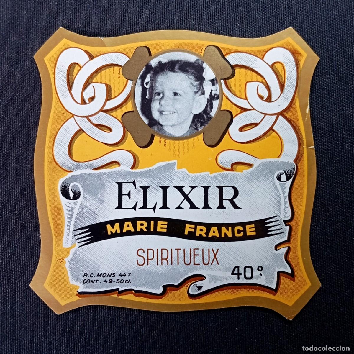 Etiquetas antiguas: ⚜️ &Ntilde;09X09. Ancienne &Eacute;tiquette Elixir Marie France Spiritueux Mons Belgique D&eacute;coupe Fillette Vintage