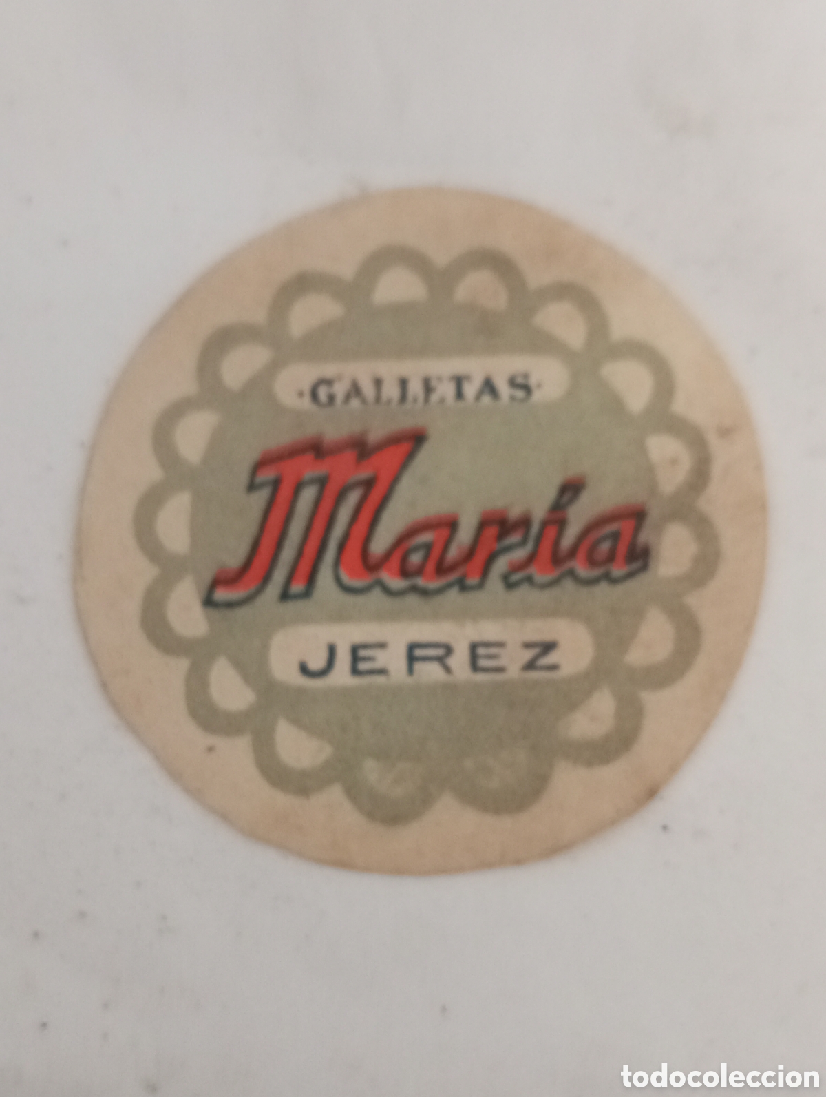 Etiquetas antiguas: Etiqueta galletas Mar&iacute;a Jerez 5 cms diametro muy rara