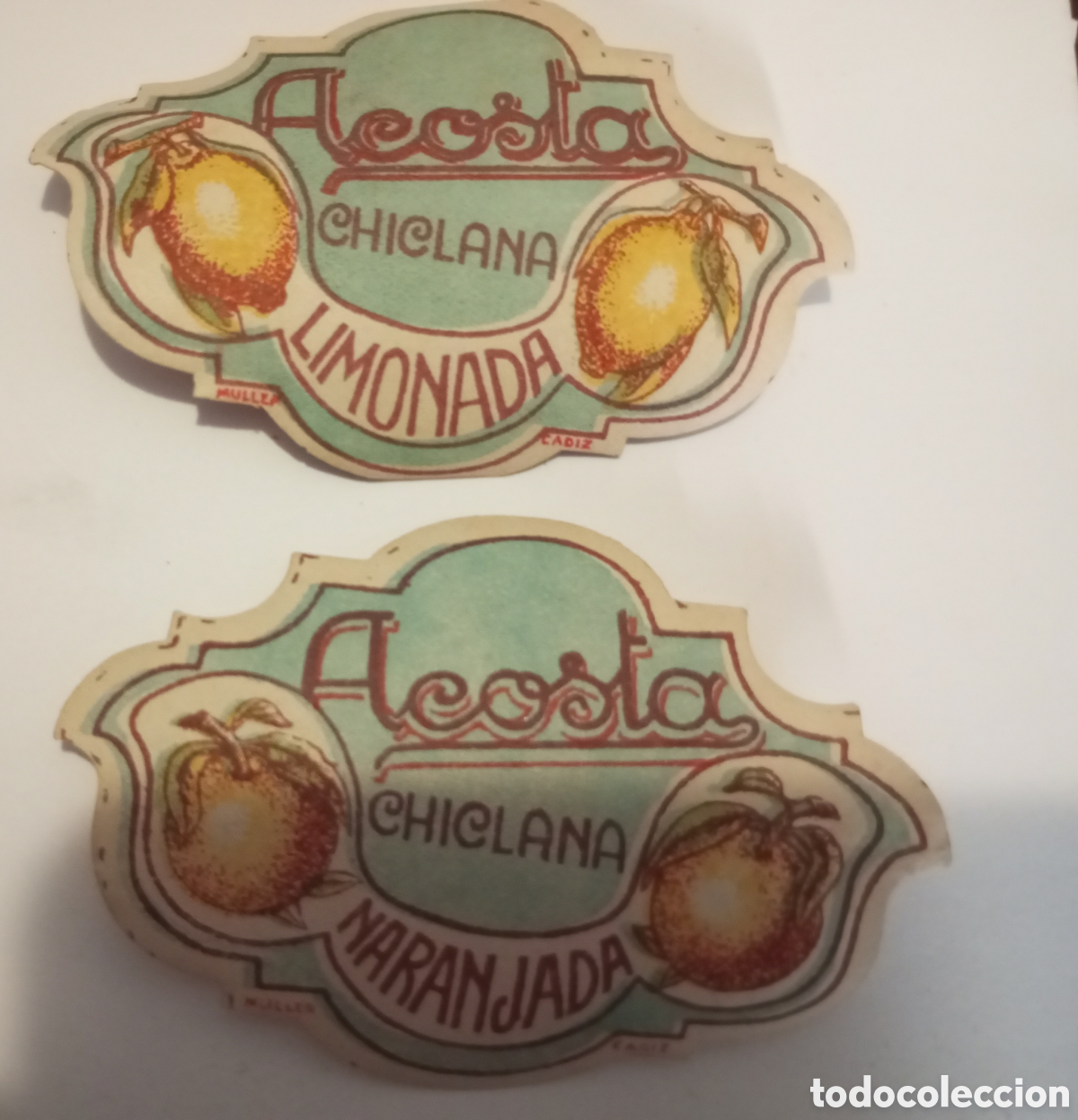 Etiquetas antiguas: 2 etiquetas Naranjada y limonada Acosta Chiclana