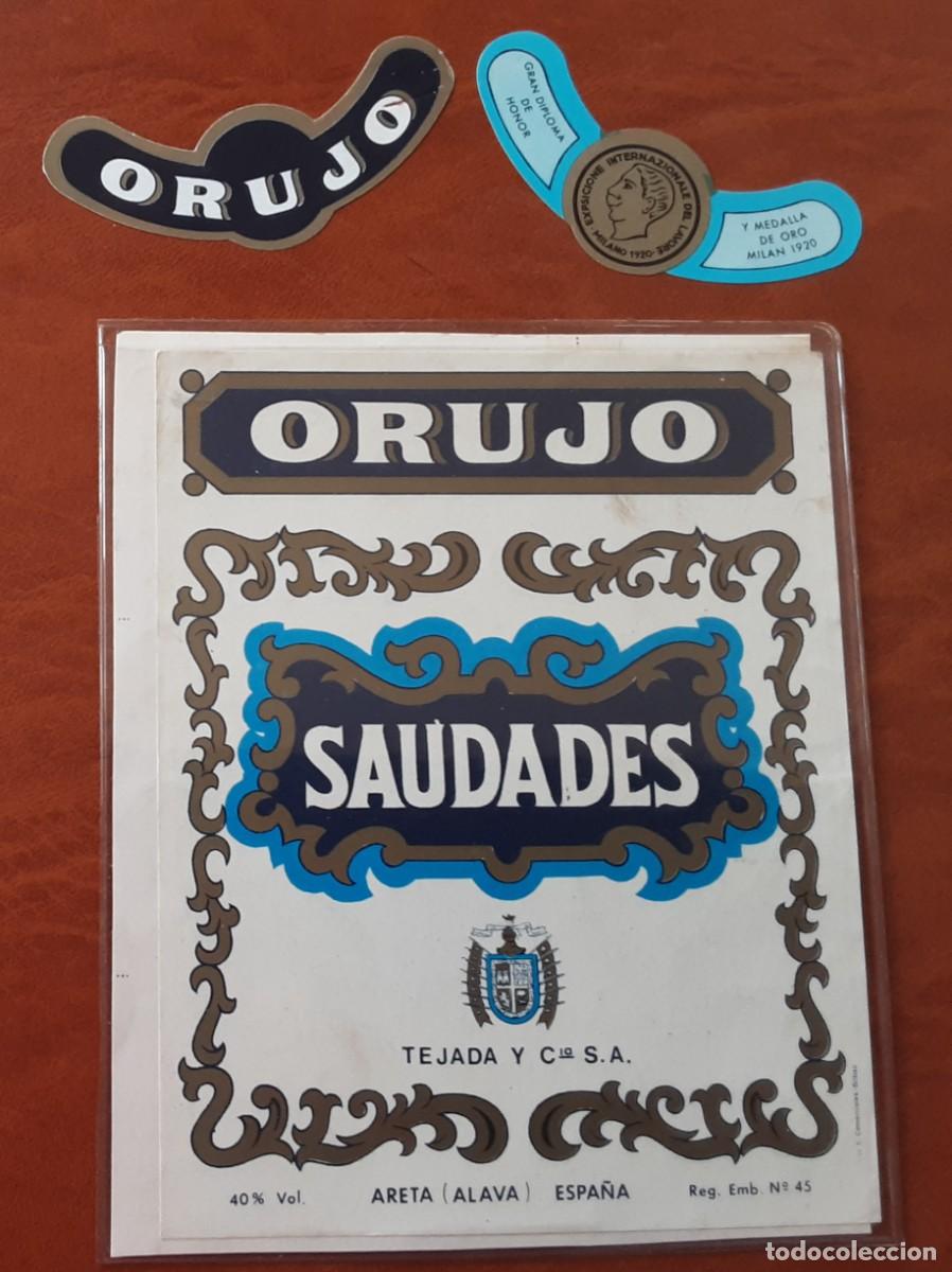 Etiquetas antiguas: SAUDADES, ORUJO. ARETA (&Aacute;LAVA). BODEGAS TEJADA Y CIA.