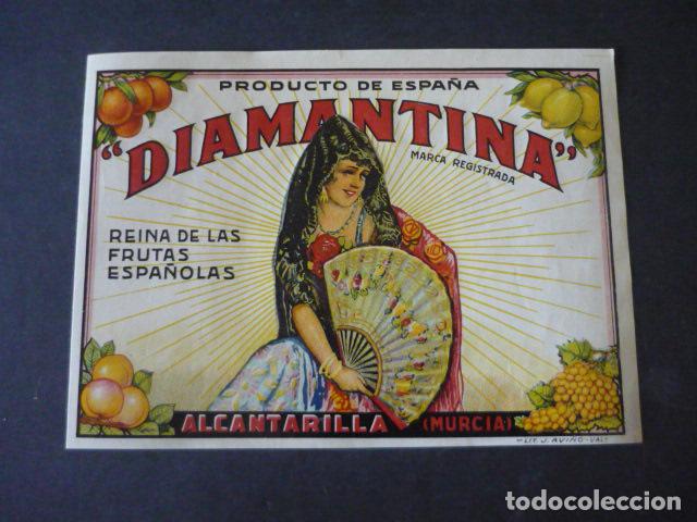 Etiquetas antiguas: ALCANTARILLA MURCIA DIAMANTINA REINA DE LAS FRUTAS ESPA&Ntilde;OLAS ETIQUETA16X22 CM