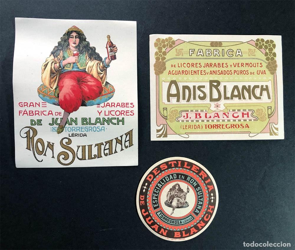 Etiquetas antiguas: FABRICA DE LICORES - JUAN BLANCH / RON SULTANA - ANIS BLANCH / ETIQUETAS / TORREGROSSA / LLEIDA