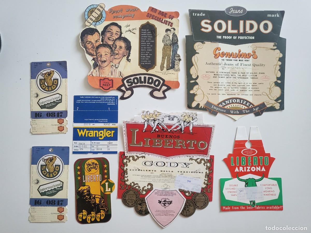 Etiquetas antiguas: Lote 10 Etiquetas Vintage Originales de Ropa &ndash; Liberto, Solido, Wrangler, Liberto Arizona y otras