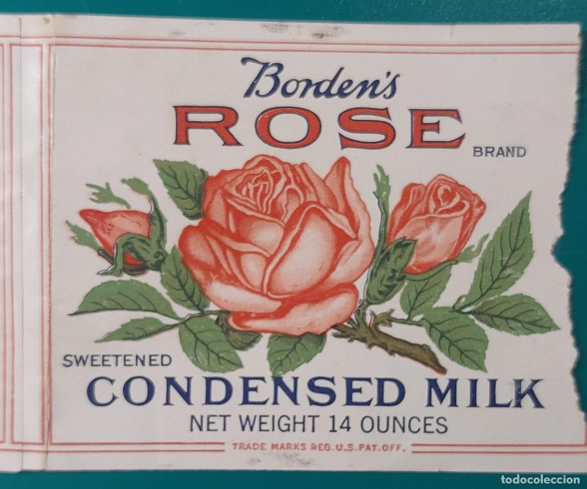 Etiquetas antiguas: LECHE CONDENSADA &rdquo; BORDENS ROSE BRAND &rdquo;. ETIQUETA. A&Ntilde;OS 1930-1940.