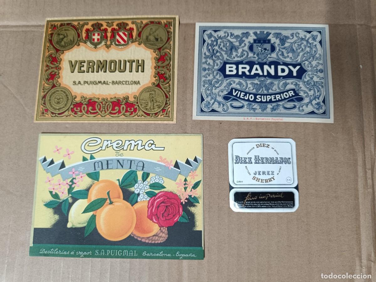 Etiquetas antiguas: LOTE 4 ANTIGUAS ETIQUETAS, PUBLICIDAD BRANDY VERMOUTH DESTILERIAS PUIGMAL BARCELONA Y DIEZ JEREZ -S1
