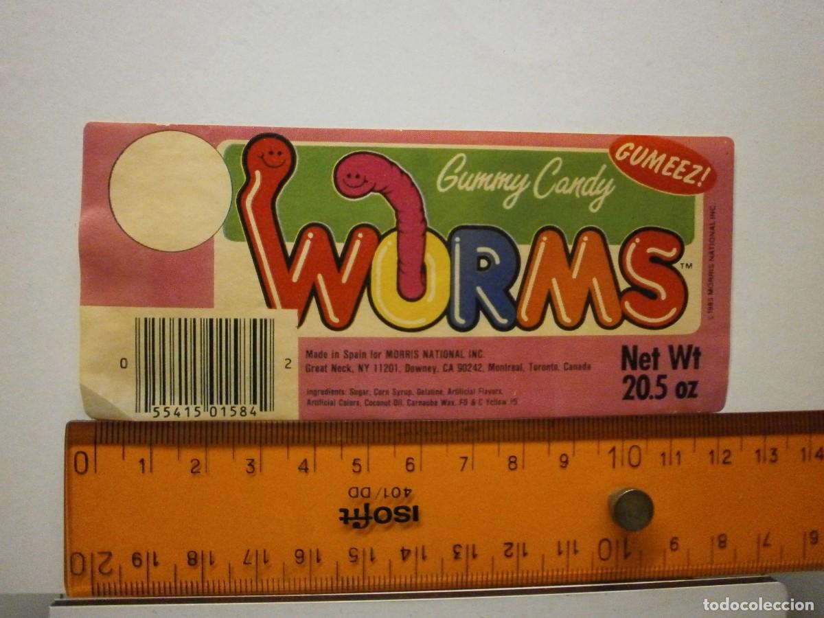 Etiquetas antiguas: etiqueta pegatina bote de caramelos gominolas gumeez gummy candy worms a&ntilde;o 1985