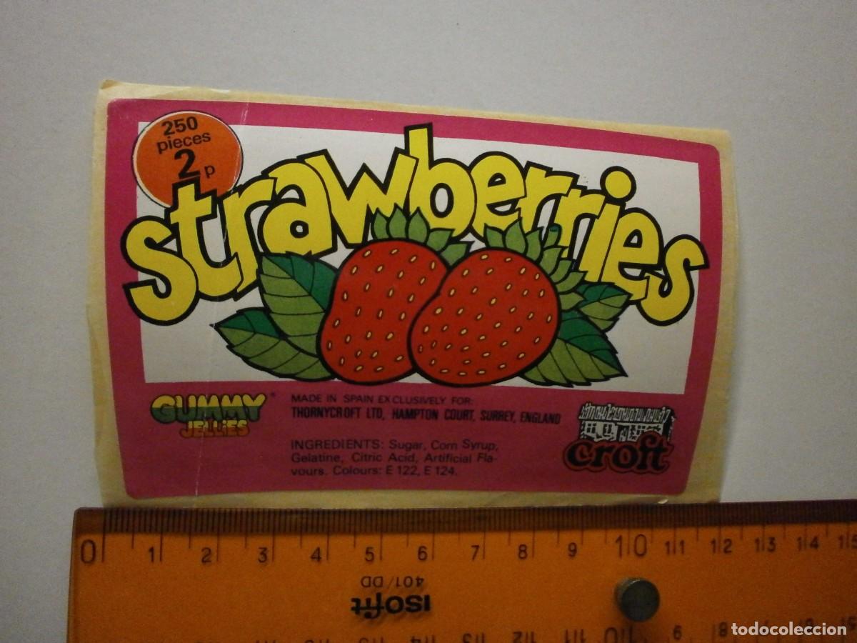 Etiquetas antiguas: etiqueta pegatina bote de caramelos gominolas gummy jellies strawberries a&ntilde;os 90 ?