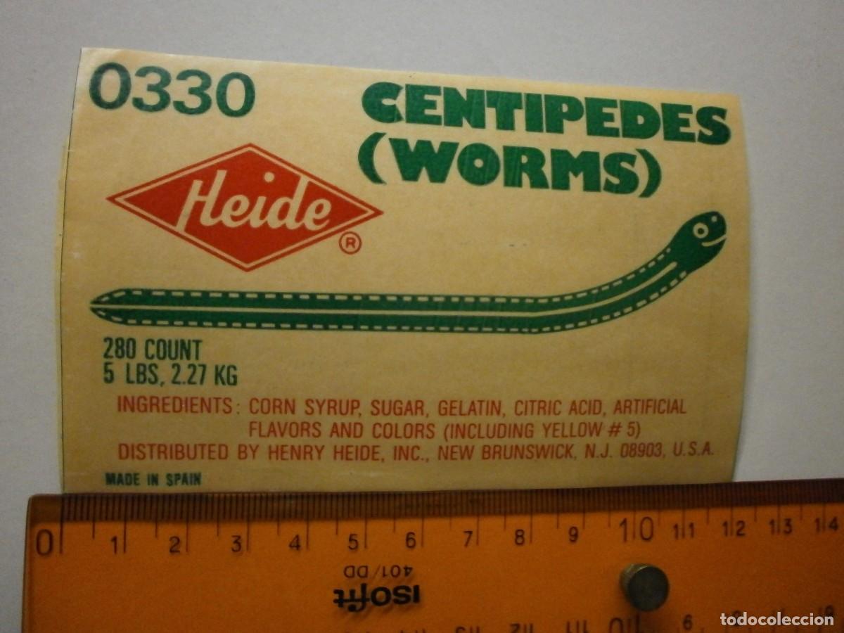 Etiquetas antiguas: etiqueta pegatina bote de caramelos gominolas heide centipedes worms a&ntilde;os 80