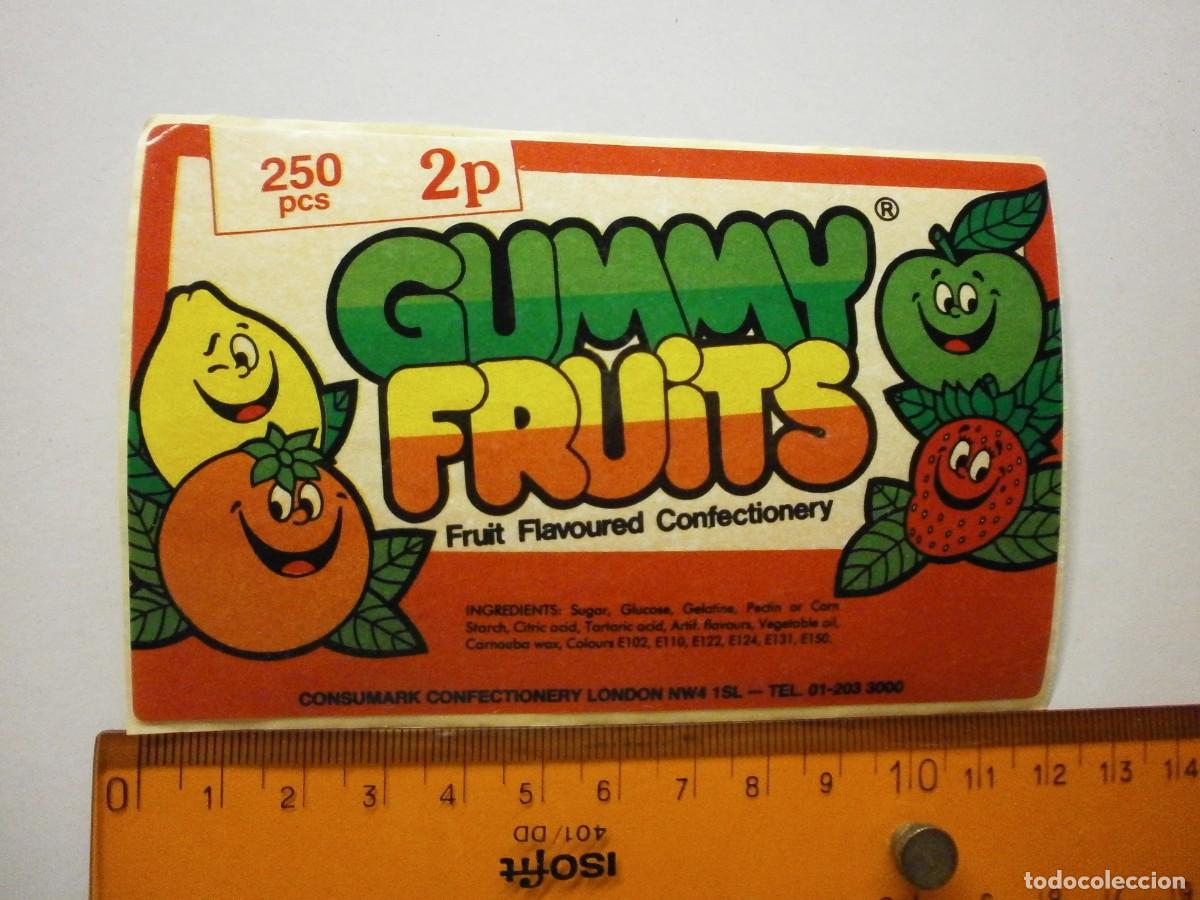 Etiquetas antiguas: etiqueta pegatina bote de caramelos gominolas gummy fruits a&ntilde;os 80
