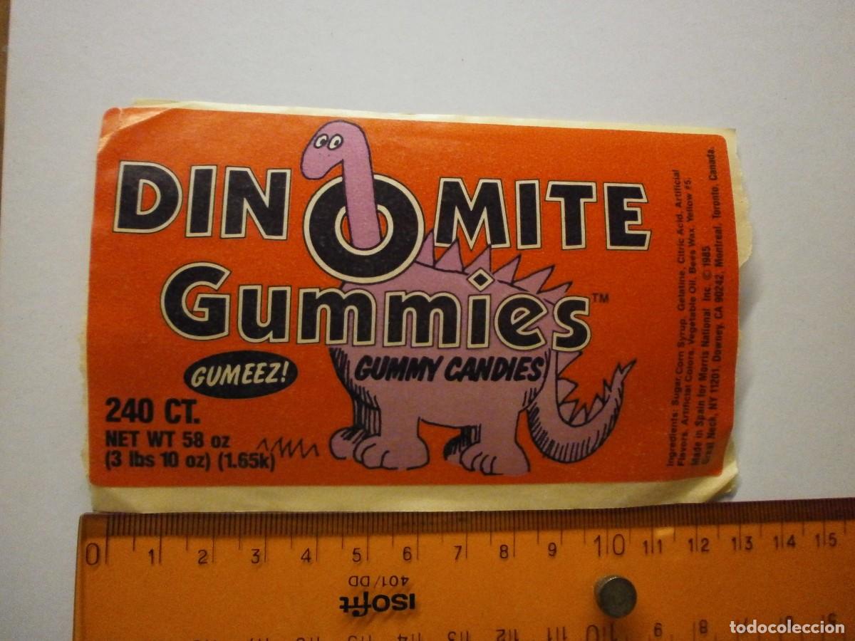 Etiquetas antiguas: etiqueta pegatina bote de caramelos gominolas gumeez dinomite gummies a&ntilde;o 1985