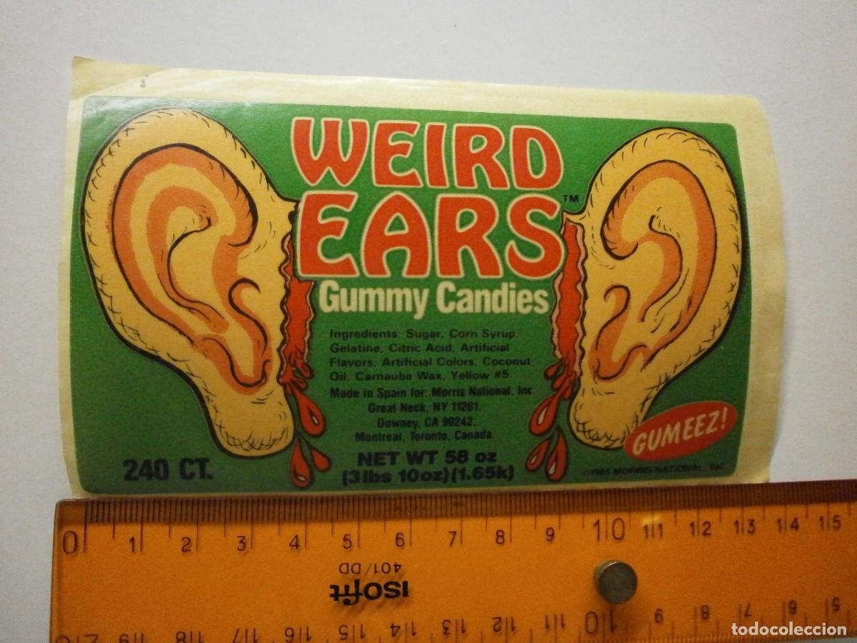 Etiquetas antiguas: etiqueta pegatina bote de caramelos gominolas gumeez weird ears gummy candies a&ntilde;o 1985