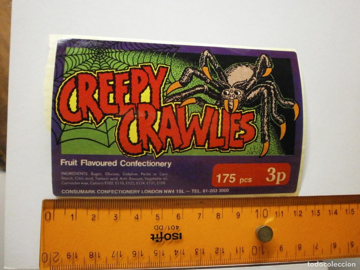 Etiquetas antiguas: etiqueta pegatina bote de caramelos gominolas creepy crawlies a&ntilde;os 80 90