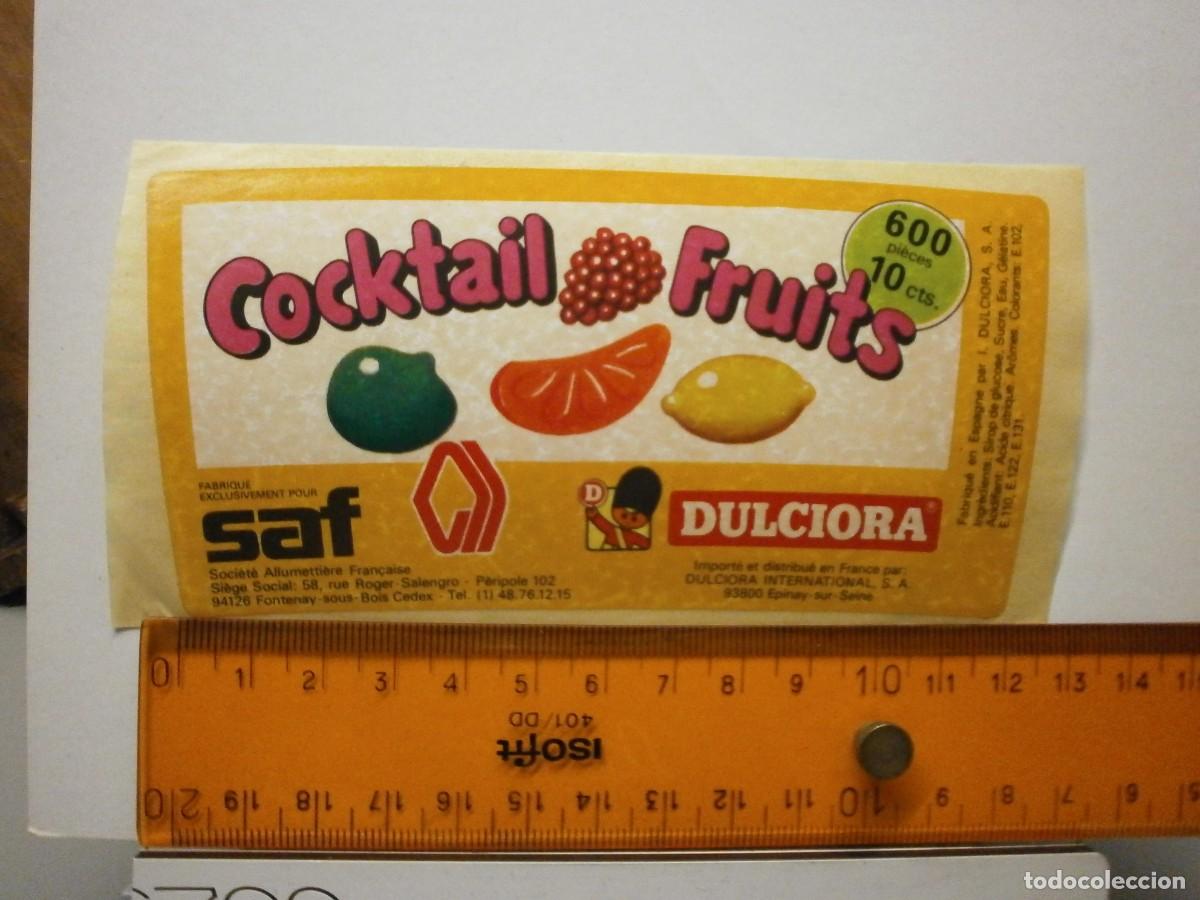 Etiquetas antiguas: etiqueta pegatina bote de caramelos gominolas dulciora cocktail fruits a&ntilde;os 90 2000