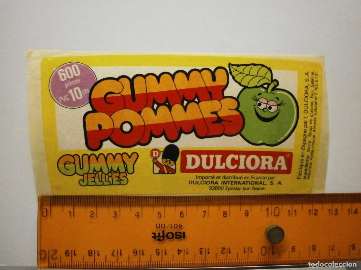 Etiquetas antiguas: etiqueta pegatina bote de caramelos gominolas dulciora gummy pommes a&ntilde;os 90 2000
