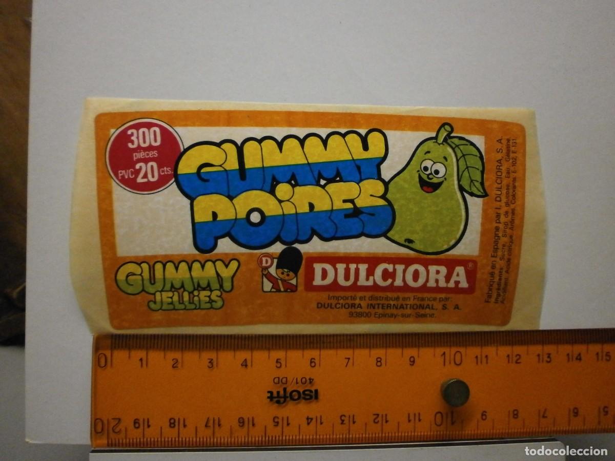 Etiquetas antiguas: etiqueta pegatina bote de caramelos gominolas dulciora gummy poires a&ntilde;os 90 2000