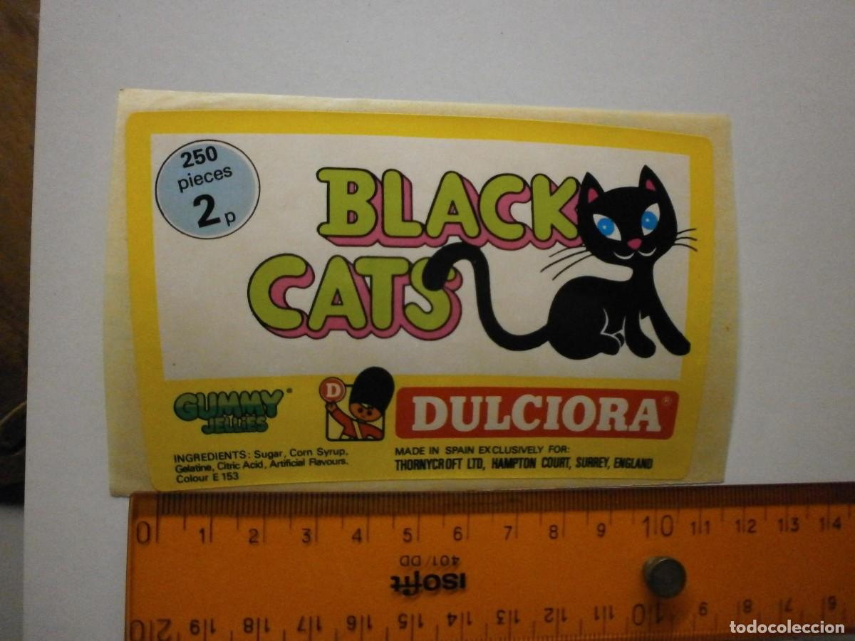 Etiquetas antiguas: etiqueta pegatina bote de caramelos gominolas dulciora black cats a&ntilde;os 90 2000