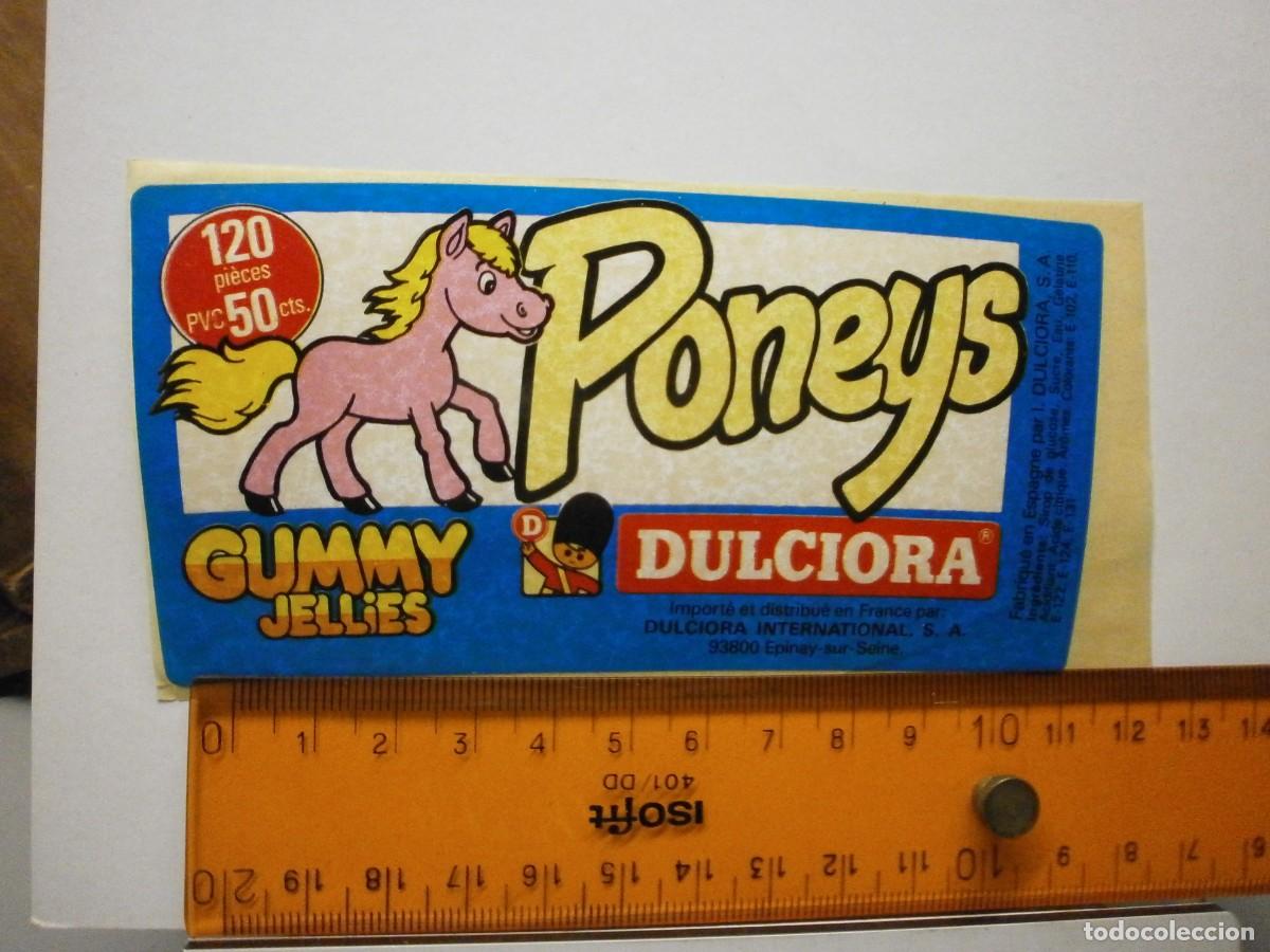 Etiquetas antiguas: etiqueta pegatina bote de caramelos gominolas dulciora poneys a&ntilde;os 90 2000
