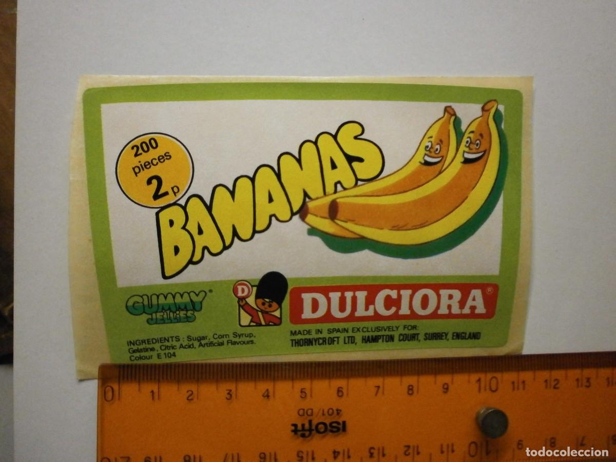 Etiquetas antiguas: etiqueta pegatina bote de caramelos gominolas dulciora bananas a&ntilde;os 90 2000